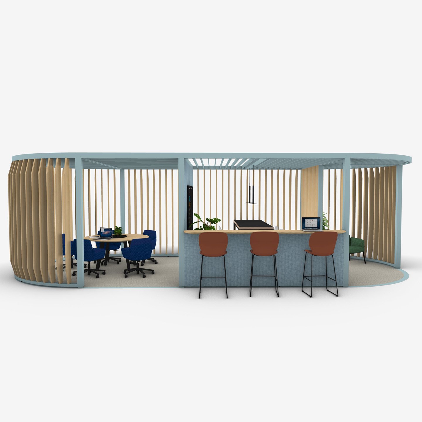 Haworth Pergola Workspace with blue trim and veneer slits with round conference table with blue chairs and black tall desk for work and brown tall chairs