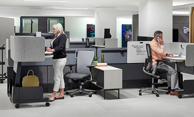 Haworth Compose Echo workstations in grey upholstery in an office space view 9